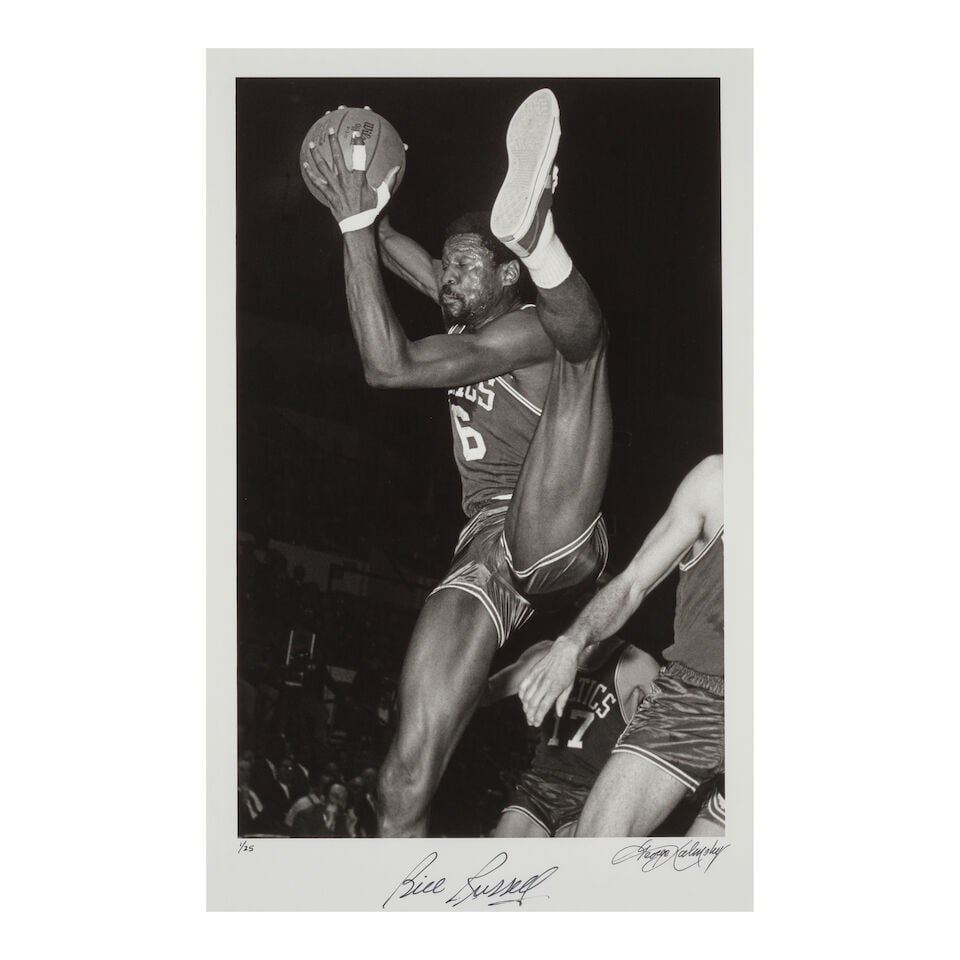 George Kalinsky (1936-2025): Bill Russell[Boston Celtics vs. Detroit Pistons, Madison Square Gar...: George Kalinsky (1936-2025): Bill Russell [Boston Celtics vs. Detroit Pistons, Madison Square Garden, 1968] signed George Kalinsky (lower right), Bill Russell (lower center), and numbered 1/25 (lower