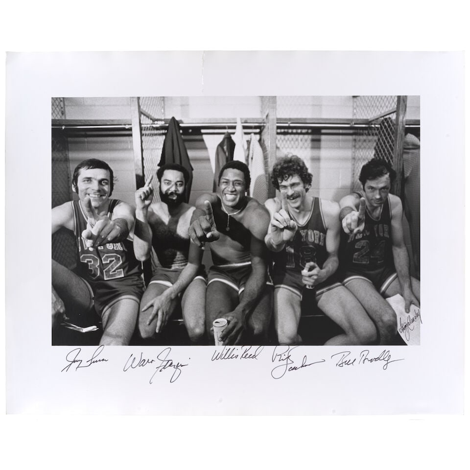 George Kalinsky (1936-2025): We Are the Champions[New York Knicks celebrating after they won the...: George Kalinsky (1936-2025): We Are the Champions [New York Knicks celebrating after they won their second championship, LA Forum, Los Angeles, 1973] signed George Kalinsky (lower right) and signed Bi