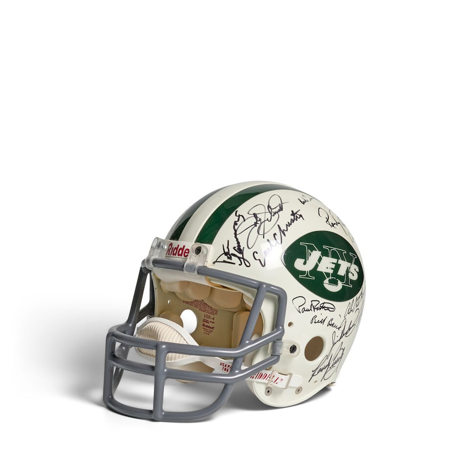 A 1969 New York Jets Team Signed Football Helmet: A 1969 New York Jets Team Signed Football Helmet In felt tipped black ink, including Joe Namuth / Emerson Boozer / Don Maynard / Ralph Baker / John Elliott / Bill Mathis / Matt Snell / Dave Herman / G