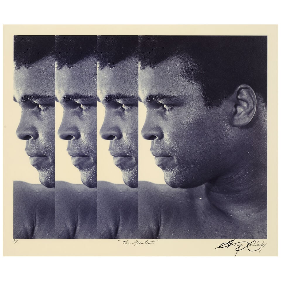 George Kalinsky (1936-2025): The Greatest: Muhammad Ali: George Kalinsky (1936-2025): The Greatest: Muhammad Ali signed George Kalinsky, titled and annotated AP/1 (along lower margin) black and white photographic print sight 18 1/2 x 22in; framed 27 1/4 x 3
