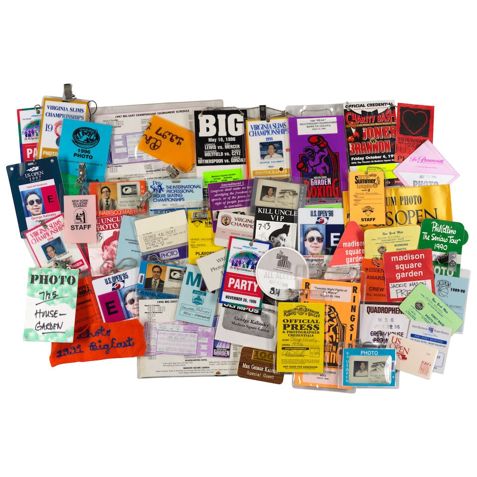 A Group of George Kalinsky Event Passes: A Group of George Kalinsky Event Passes from various events and venues, including Press passes, Back Stage passes, All-Access passes, including a photographer pass for the 1996 Ringling Bros and Barnu