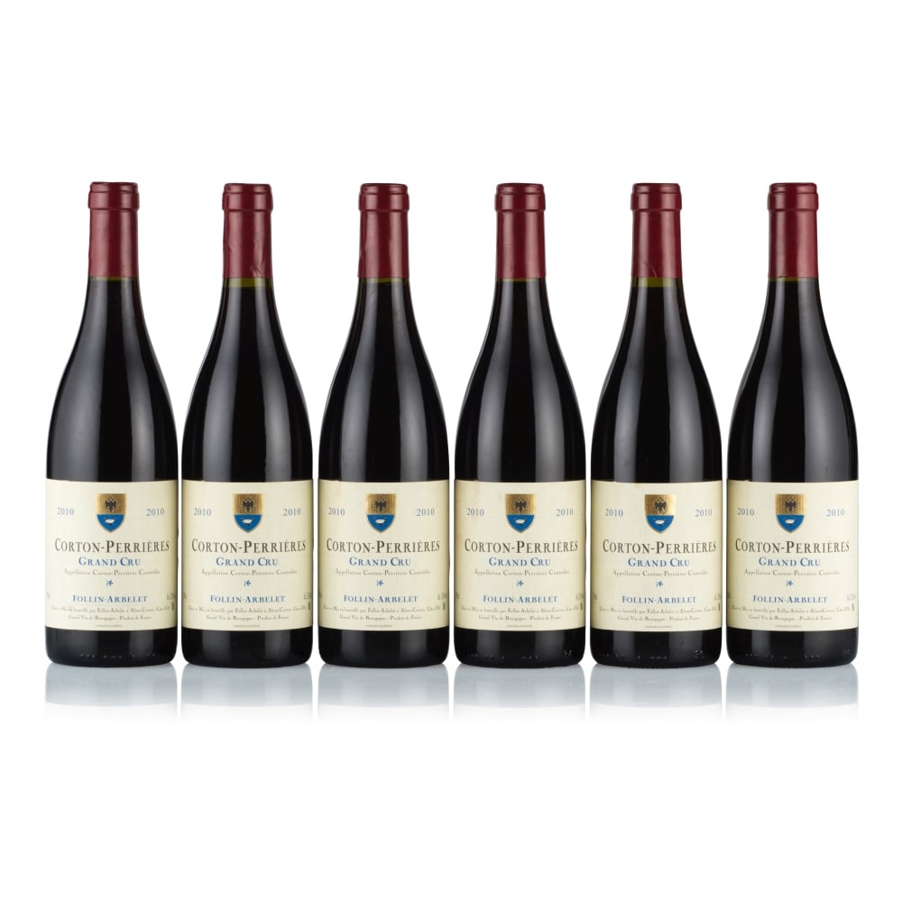 Domaine Follin-Arbelet, Corton-Perrières Grand Cru, 2010 (6 x 750ml): Domaine Follin-Arbelet, Corton-Perrières Grand Cru, 2010 (6 x 750ml) Region: Burgundy Fill Level: excellent Capsule: ok Cork: ok Label: 2x damp-affected, 4x lightly damp-affected Packaging: neutr