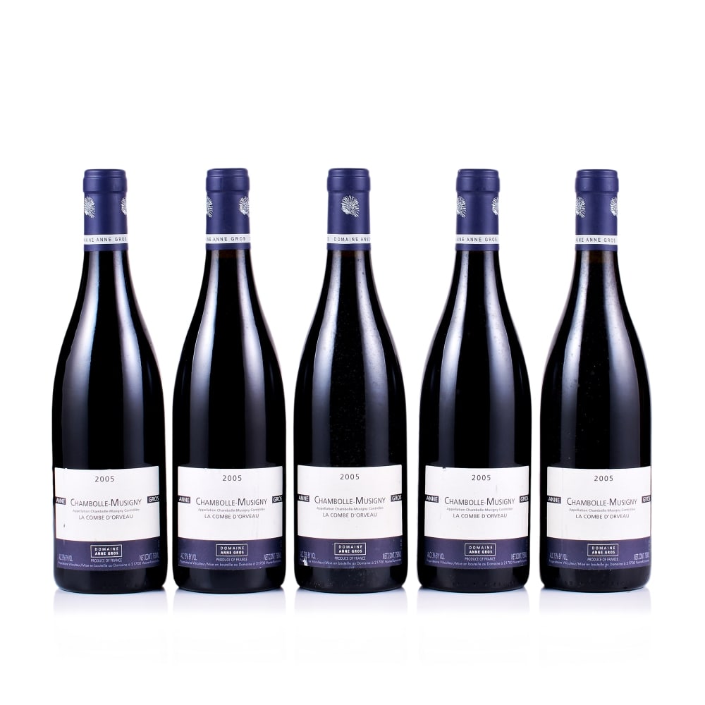 Domaine Anne Gros, Chambolle-Musigny, La Combe d'Orveau, 2005 (5 x 750ml): Domaine Anne Gros, Chambolle-Musigny, La Combe d'Orveau, 2005 (5 x 750ml) Region: Burgundy Fill Level: excellent Capsule: ok Cork: ok Label: 2x marked and stained, 3x slightly nicked, marked and stain
