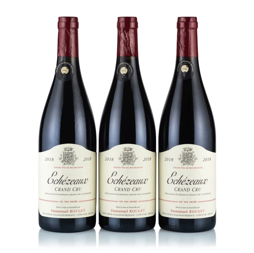 Emmanuel Rouget, Echézeaux Grand Cru, 2018 (3 x 750ml): Emmanuel Rouget, Echézeaux Grand Cru, 2018 (3 x 750ml) Region: Burgundy Fill Level: excellent Capsule: creased Cork: ok Label: excellent appearance; 1x creased back label, 1x nicked back label Pa