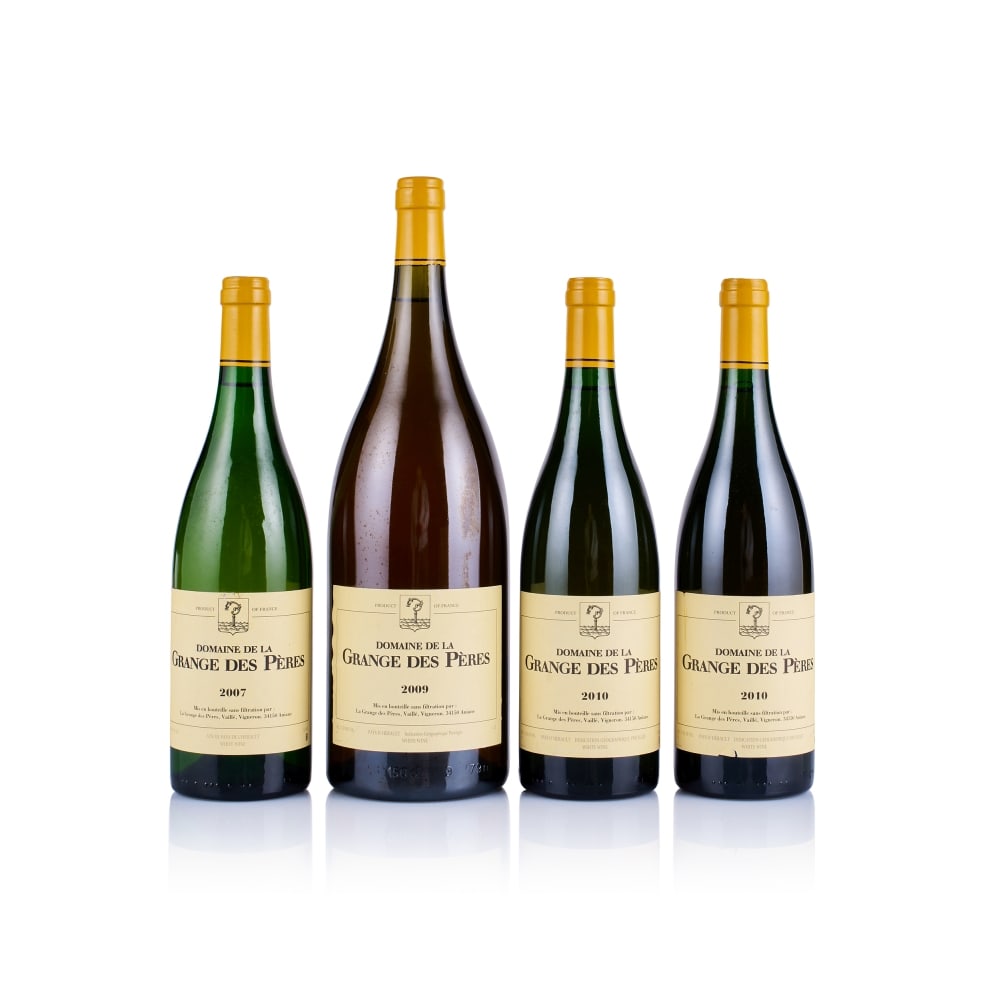 Domaine de la Grange des Pères, White, 2007, 2009 & 2010 (3 x 750ml & 1 x Magnum): Domaine de la Grange des Pères, White, 2007 (1 x 750ml) Region: Languedoc Fill Level: excellent Capsule: ok Cork: ok Label: scratched and lightly stained Domaine de la Grange des Pères, Whi