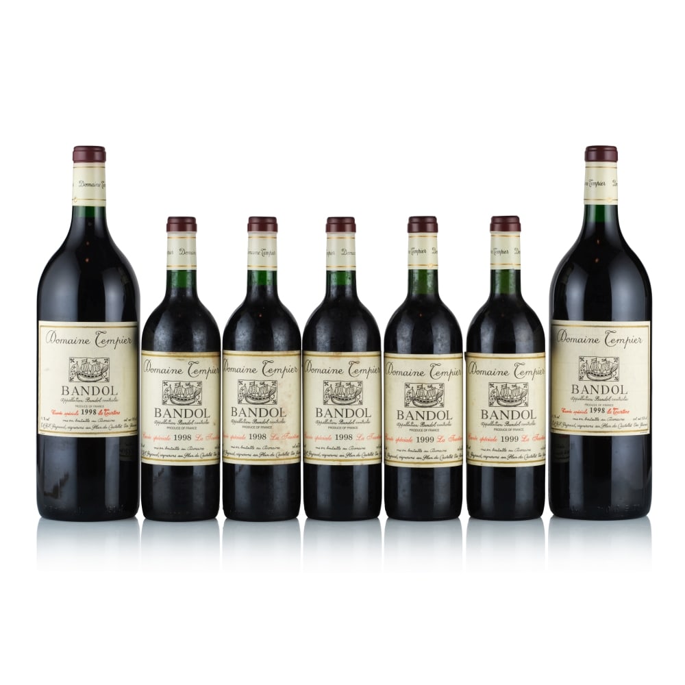 Domaine Tempier, Bandol, La Tourtine, 1998 & 1999 (5 x 750ml & 2 x Magnum): Domaine Tempier, Bandol, La Tourtine, 1998 (3 x 750ml) Region: Provence Fill Level: into neck Capsule: ok Cork: ok Label: 3x damp-stained and bin-soiled Domaine Tempier, Bandol, La Tourtine, 1998 (2