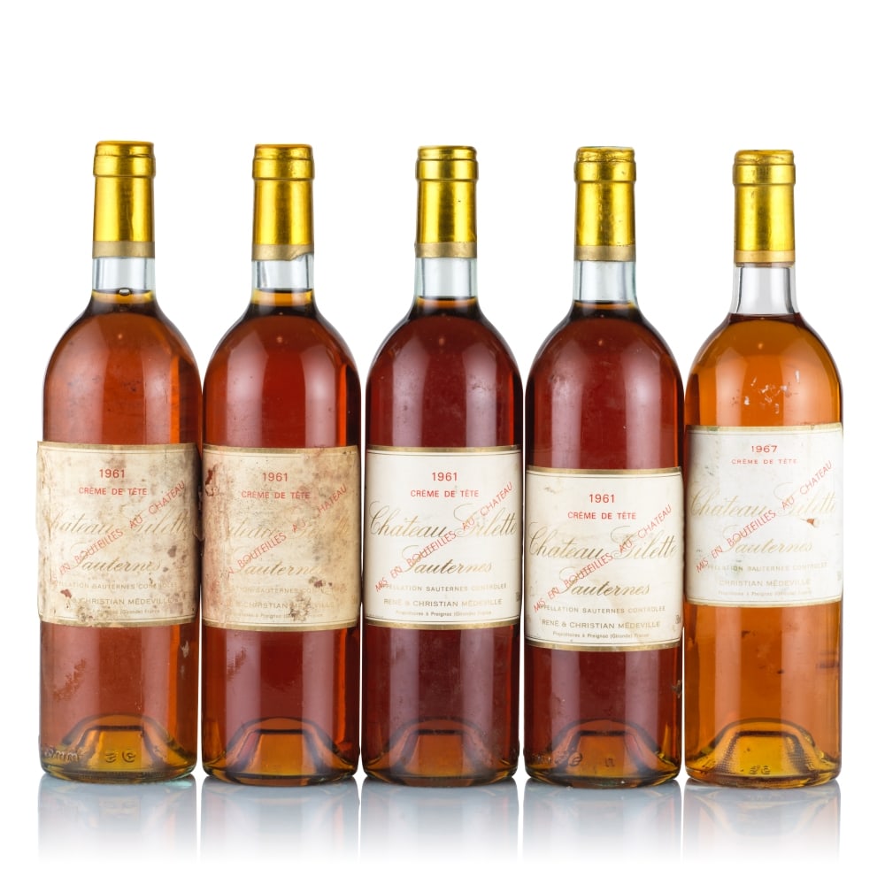 Château Gilette, Crème de Tête, 1961 & 1967 (5 x 750ml): Château Gilette, Crème de Tête, 1961 (4 x 750ml) Region: Sauternes Fill Level: 2x base of neck, 2x into neck Capsule: 4x double capsule, lightly corroded Cork: ok Label: 2x badly bin-so