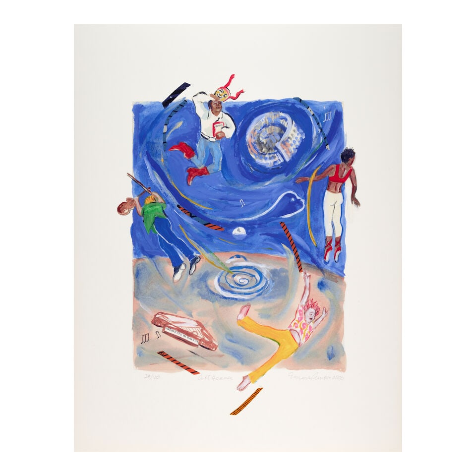 Emma Amos (1937-2020); Art Heaven;: Emma Amos (1937-2020) Art Heaven, 2006 Digital inkjet print in colors with fabric appliqué on wove paper, signed in pencil, titled and numbered 24/100, with the blindstamp of the publisher, The