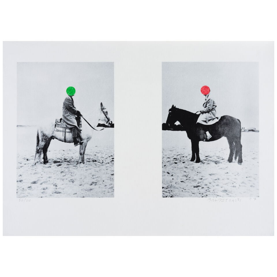 John Baldessari (1931-2020); Two Horses and Riders ;: John Baldessari (1931-2020) Two Horses and Riders (Hurowitz 91), 1997 Lithograph with pochoir in colors on two sheets of tissue paper and Rives BFK adhered along the upper sheet edge (as issued),