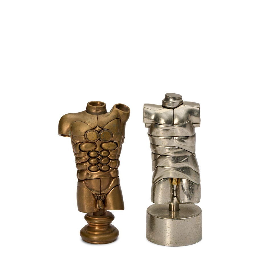 Miguel Berrocal (1933-2006); Two works: Alexandre; Mini David;: Miguel Berrocal (1933-2006) Two works: Alexandre; Mini David (Opus 113; 107), 1969-73; 1969 One bronze with gold patina in 39 interlocking elements; one nickel-plated zamak with gold-plated brass in