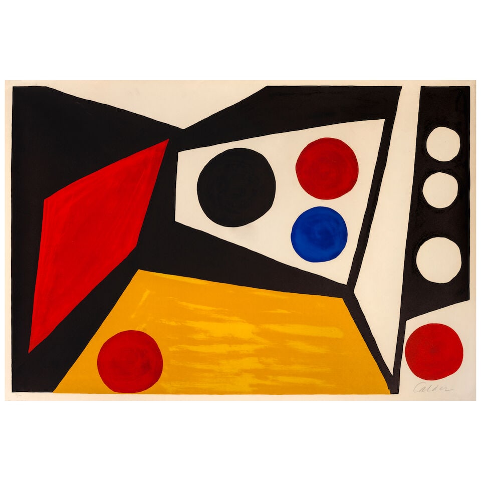 Alexander Calder (1898-1976); Composition with Circles;: Alexander Calder (1898-1976) Composition with Circles, 1971 Lithograph in colors on wove paper, signed in pencil and numbered 91/100, with full margins. 29 x 43 1/8in (73.7 x 109.5cm) sheet 30 3/8 x