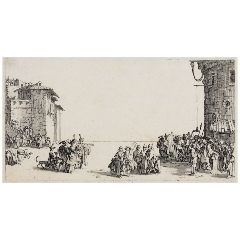 Jacques Callot (1592-1635); Le Marché d'esclaves;: Jacques Callot (1592-1635) Le Marché d'esclaves (Lieure 369), 1629 Etching on laid paper, Lieure's first state (of 6), with margins. plate 4 9/16 x 8 1/2in (11.5 x 21.6cm) sheet 4 11/16 x 8