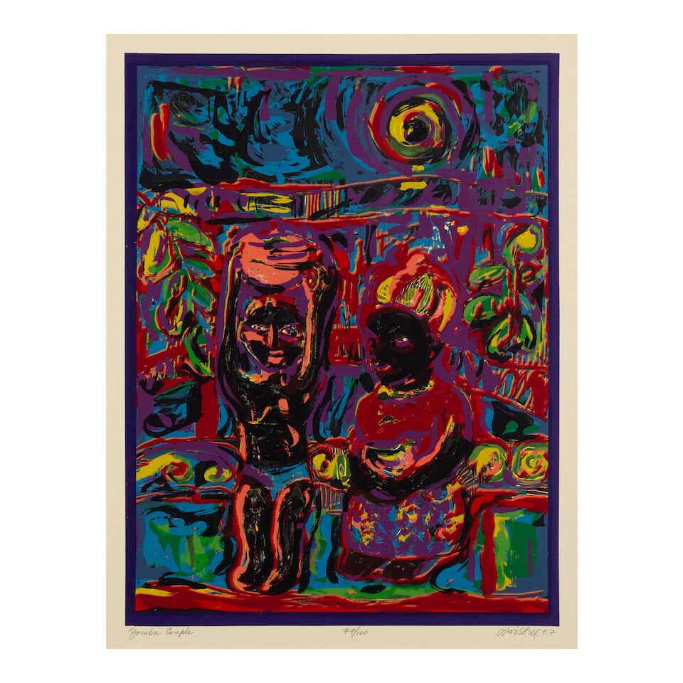 David Clyde Driskell (1931-2020); Yoruba Couple;: David Clyde Driskell (1931-2020) Yoruba Couple, 2007 Screenprint and relief in colors on wove paper, signed in pencil, titled, dated and numbered 77/100, with margins, framed. 21 3/4 x 16 1/2in (55.2