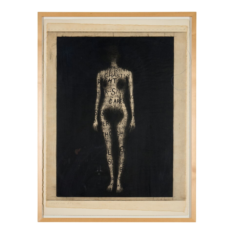 Lesley Dill (born 1950); Front, from the series A Word Made Flesh (The Soul has Bandaged Moments);: Lesley Dill (born 1950) Front, from the series A Word Made Flesh (The Soul has Bandaged Moments), 1994 Photolithograph, aquatint, etching, and drypoint with thread on tea-stained Japanese mulberry