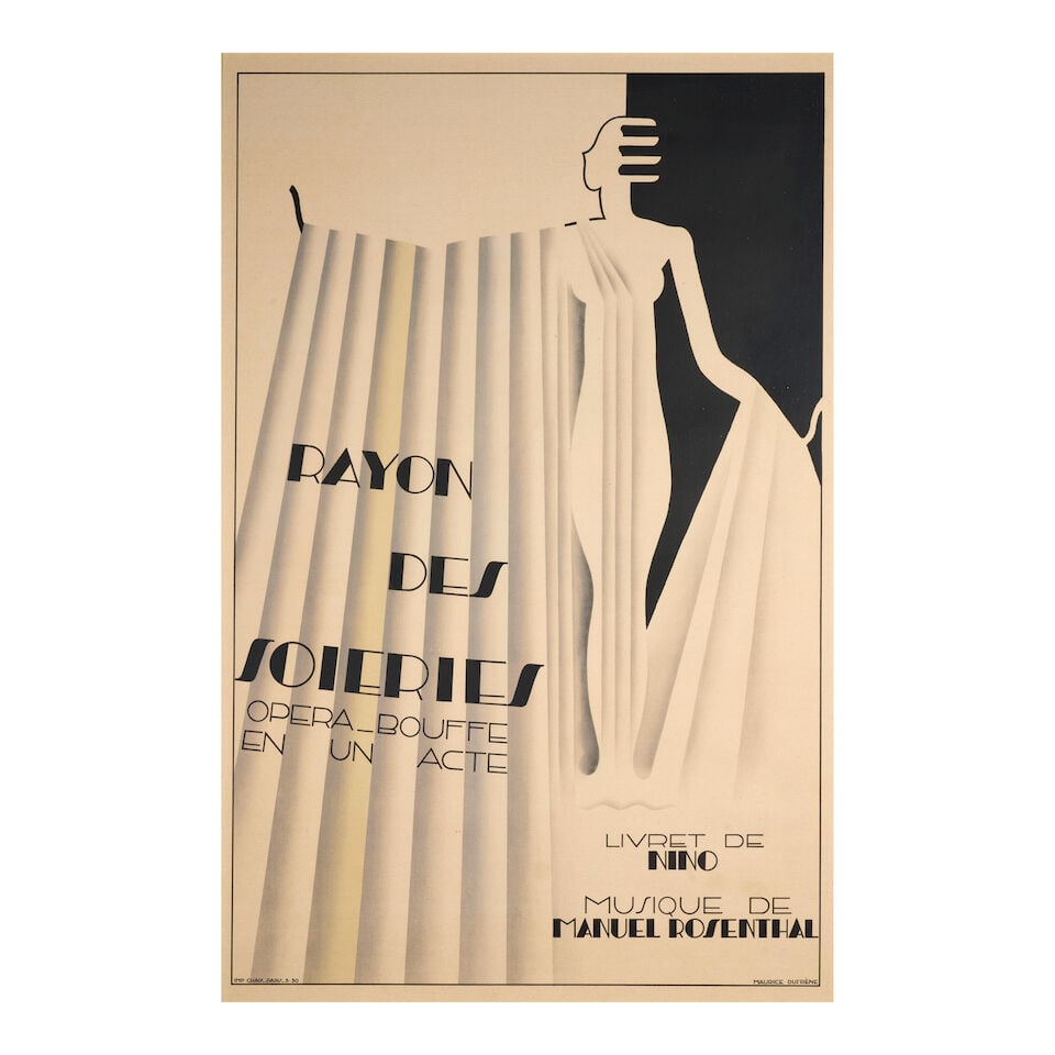 Maurice Dufrène (1876-1955); Rayon des Soieries;: Maurice Dufrène (1876-1955) Rayon des Soieries, 1930 Lithographic poster in colors on wove paper, printed by Chaix, Paris, with margins, linen-backed, framed. 44 3/4 x 28 3/4 in. (113.7 x 73.0