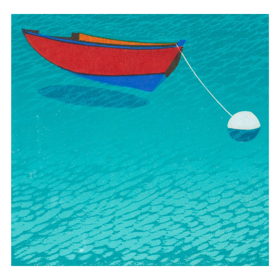 Sabra Field (born 1935); Small Red Boat;: Sabra Field (born 1935) Small Red Boat, n.d. Woodcut in colors on linen, signed and titled in pencil, with margins, framed. 6 7/8 x 7 in. (17.5 x 17.8 cm) sheet 12 x 12 in. (30.5 x 30.5 cm) For