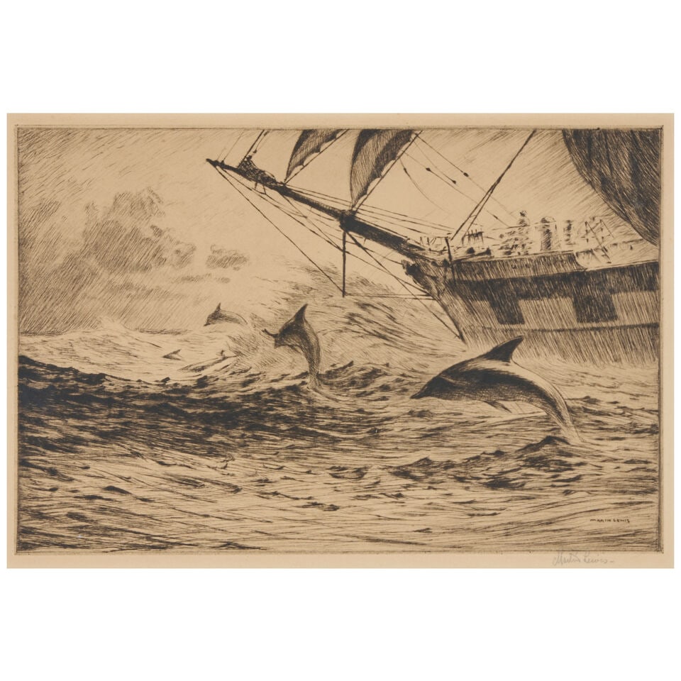 Martin Lewis (1881-1962); Trade Winds;: Martin Lewis (1881-1962) Trade Winds (McCarron 25), c. 1918 Drypoint on wove paper, signed in pencil, from the edition of approximately 22, with margins, framed. 7 7/8 x 11 7/8 in. (20 x 30.2 cm.) she