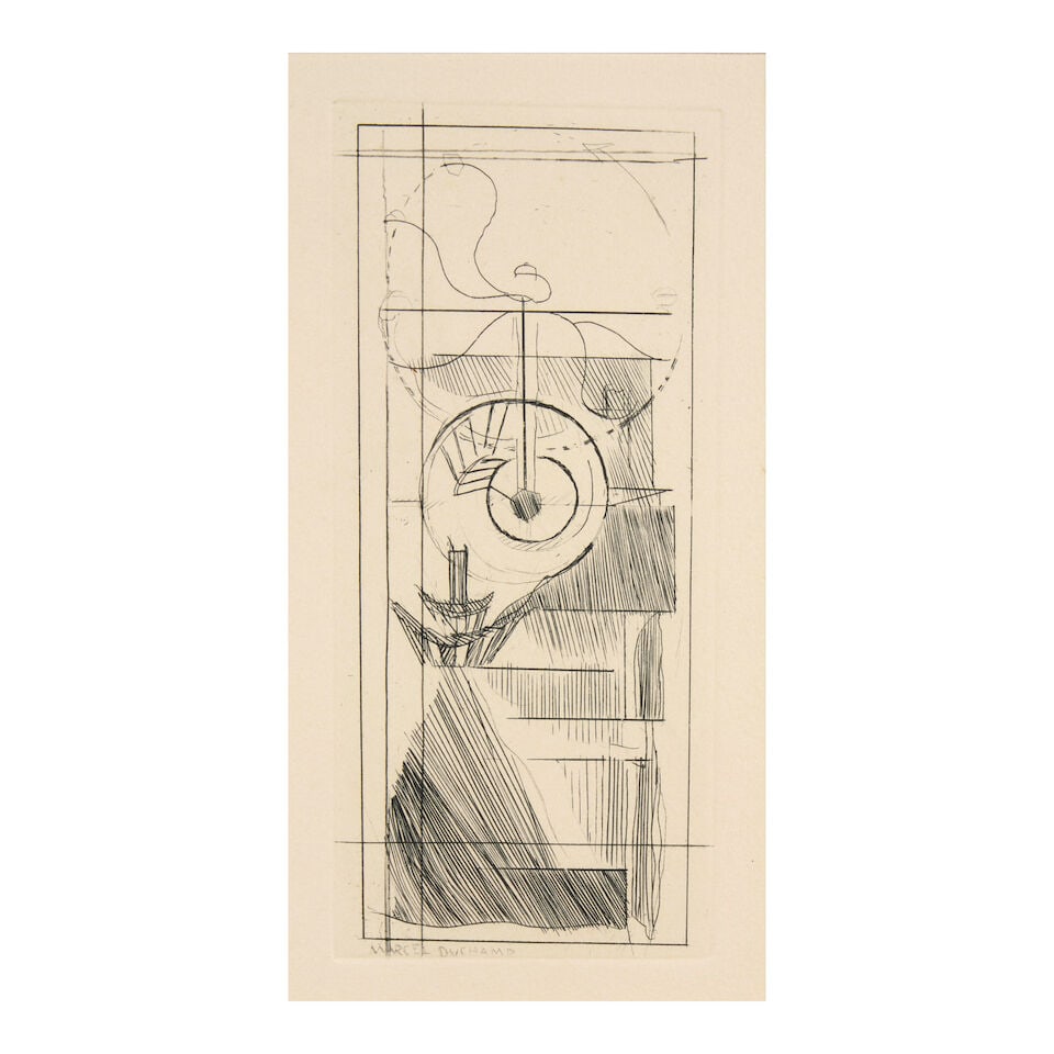 After Marcel Duchamp (1887-1968); Coffee Mill;: After Marcel Duchamp (1887-1968) Coffee Mill, 1947 Etching on wove paper, after cancellation, with margins, framed. 7 x 3 1/8 in. (17.8 x 8.0 cm) sheet 9 7/8 x 7 1/4 in. (25.1 x 18.4 cm) For further