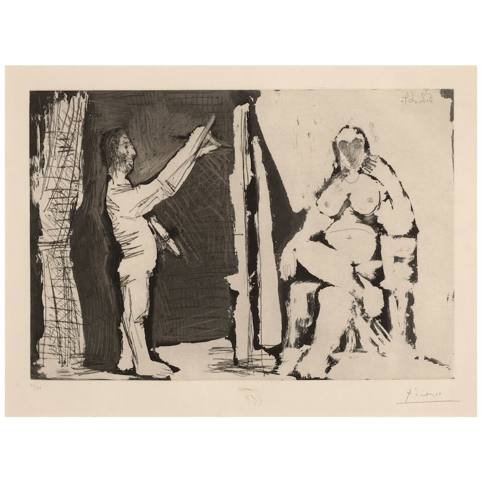 Pablo Picasso (1881-1973); Peintre debout et modèle;: Pablo Picasso (1881-1973) Peintre debout et modèle (Bloch 1158, Baer 1146), 1964 Etching with aquatint on Richard de Bas paper, Baer's second (final) state, signed in pencil and numbered 44/50