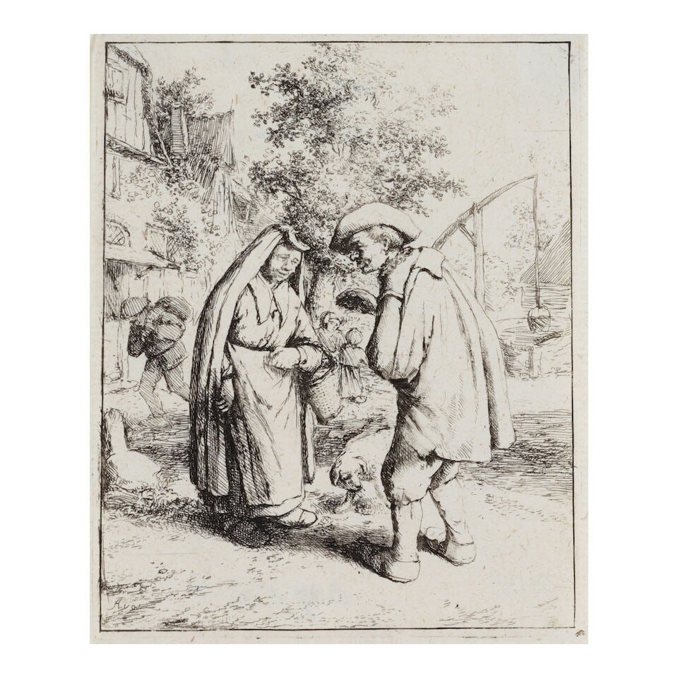 Adriaen van Ostade (1610-1685); Man and Woman Talking; The Woman Spinning; (2) (1 of 3)