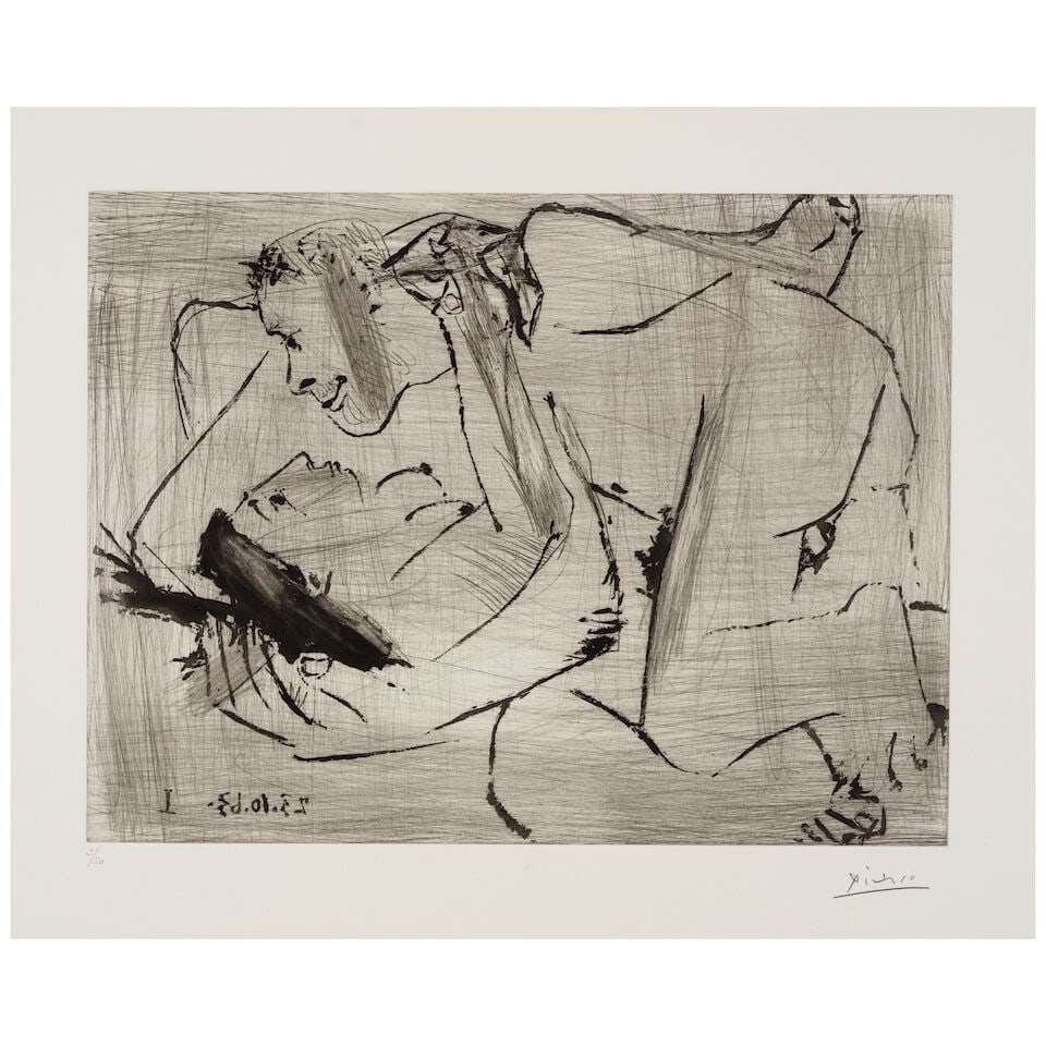 Pablo Picasso (1881-1973); L'Étreinte;: Pablo Picasso (1881-1973) L'Étreinte (Bloch 1115, Baer 1108), 1963 Aquatint and drypoint on Rives BFK paper, signed in pencil and numbered 9/50 (there were also 15 artist's proofs), published in