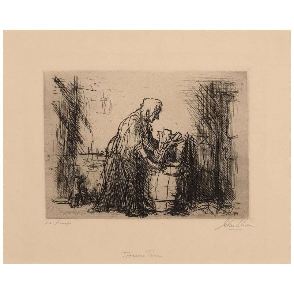John Sloan (1871-1951); Treasure Trove; Head with Necklace; (2): John Sloan (1871-1951) Treasure Trove; Head with Necklace (Morse 141; 163), 1907; 1913 Two etchings on laid paper, each Morses' first (only) state, each signed in pencil, titled and annotated '100
