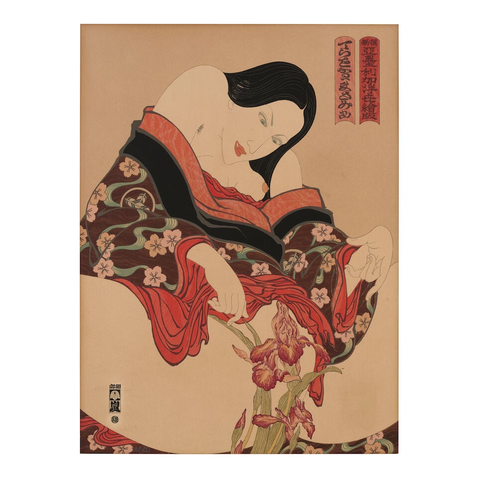Masami Teraoka (born 1936); Woman and Iris;: Masami Teraoka (born 1936) Woman and Iris, 1980 Screenprint in colors on wove paper, signed in pencil and dated verso, annotated 'WP 8/12' recto (a working proof, aside from the edition of 87, there