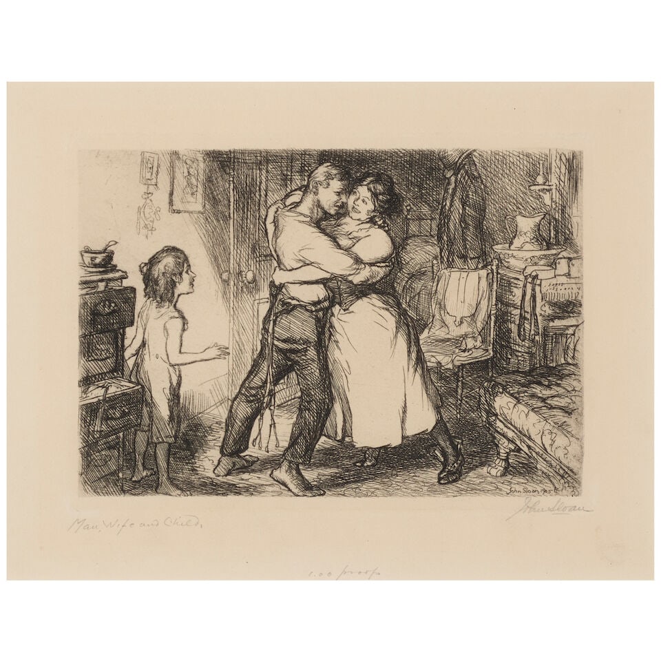 John Sloan (1871-1951); Man, Wife, and Child, from New York City Life; Love on The Roof; (2): John Sloan (1871-1951) Man, Wife, and Child, from New York City Life; Love on The Roof (Morse 135; 167), 1905; 1914 Two etchings on wove paper, Morse's fifth (final) and second (final) states