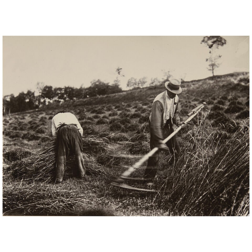 Eugène Atget (1857-1927); Faucheurs, Somme;: Eugène Atget (1857-1927) Faucheurs, Somme, 1890-98 Gelatin silver print, printed 1956 by Berenice Abbott; numbered '18' in ink on the verso; mounted. 6 1/4 x 8 5/8 in. (15.8 x 21.9 cm) mount 13