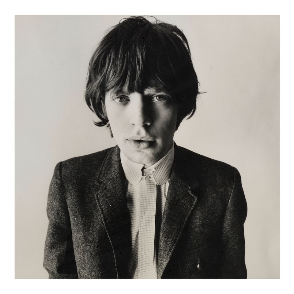 David Bailey (born 1938); Mick Jagger (for 'Vogue');: David Bailey (born 1938) Mick Jagger (for 'Vogue'), 1964 Gelatin silver print, printed later; signed in ink in the margin, signed and annotated 'Paris / About 63' in pencil on the reverse, framed. 11