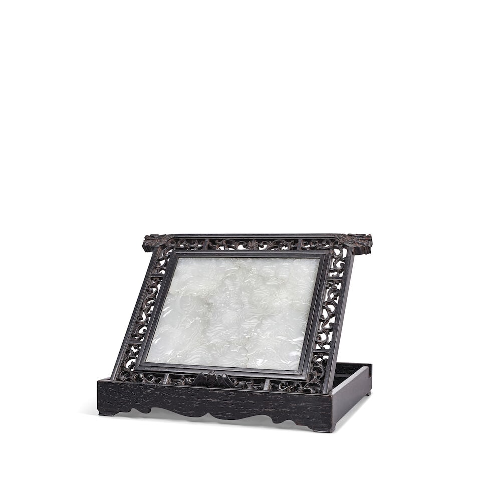 AN ELEGANT WHITE JADE 'DRAGON PUZZLE' PLAQUE WITH ZITAN FRAME - 3