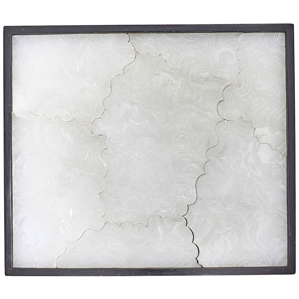 AN ELEGANT WHITE JADE 'DRAGON PUZZLE' PLAQUE WITH ZITAN FRAME - 6