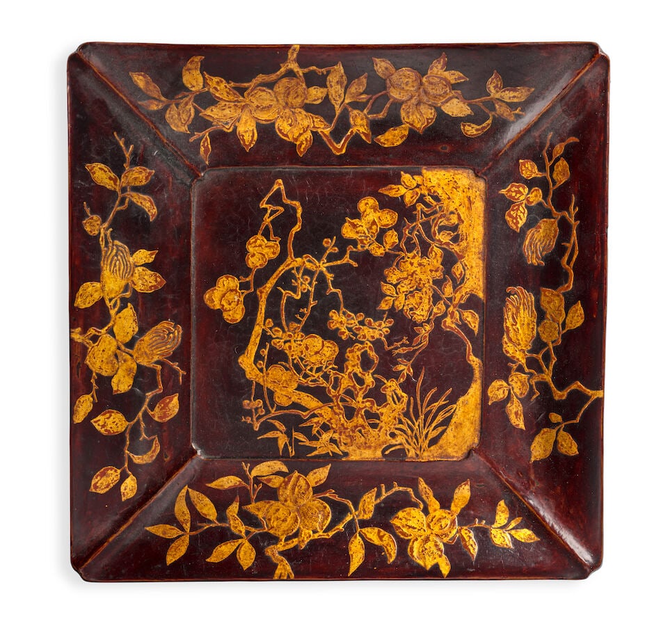 A RYUKYUAN PAINTED RED, BROWN AND GILT SQUARE LACQUER DISH Probably 18th Century (1 of 1)