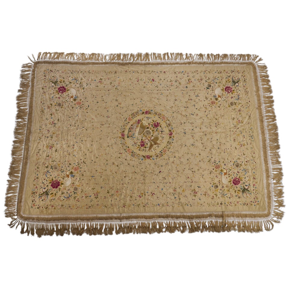 A CANTON 'BIRD AND FLOWER' EMBROIDERY BED SPREAD FOR EUROPEAN MARKET 19th century (1 of 1)