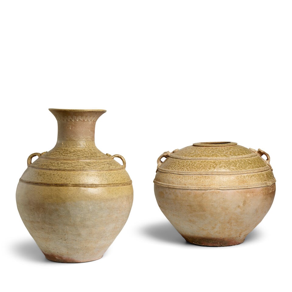 TWO 'ASH-GLAZED' STONEWARE JARS WITH TAOTIE RING HANDLES Han Dynasty (2) (1 of 3)