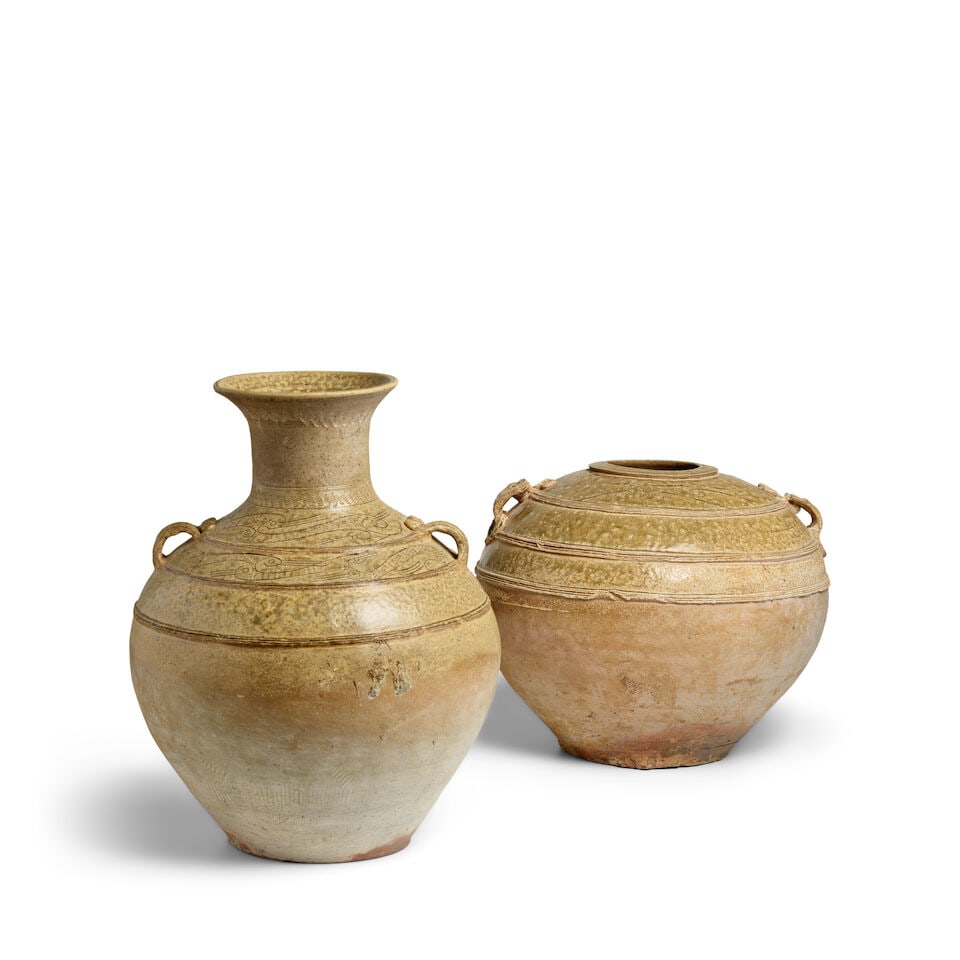 TWO 'ASH-GLAZED' STONEWARE JARS WITH TAOTIE RING HANDLES Han Dynasty (2) - 2