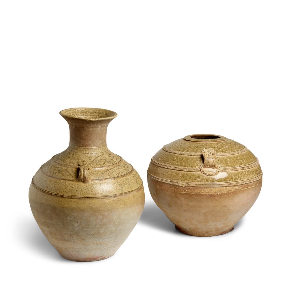 TWO 'ASH-GLAZED' STONEWARE JARS WITH TAOTIE RING HANDLES Han Dynasty (2) - 3
