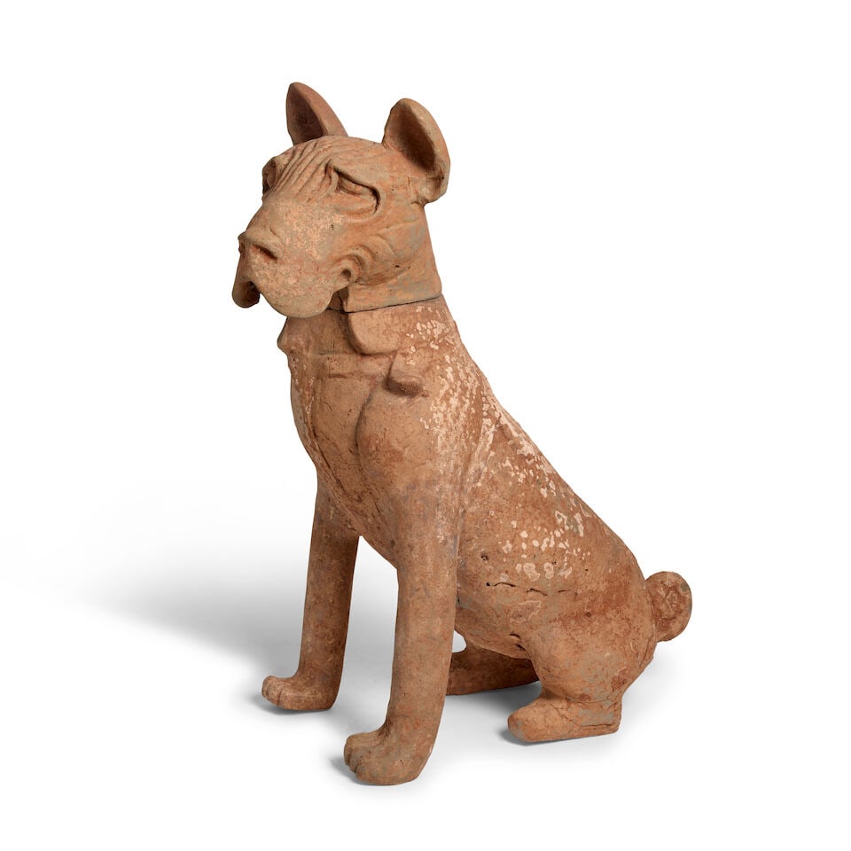 A MASSIVE SICHUAN GRAY POTTERY SEATED MASTIFF Eastern Han Dynasty: A MASSIVE SICHUAN GRAY POTTERY SEATED MASTIFF Eastern Han Dynasty 30in (76cm) high; 25in (63.5cm) deep; 12in (30cm) wide Footnotes: 東漢 四川灰陶獒犬 Pr