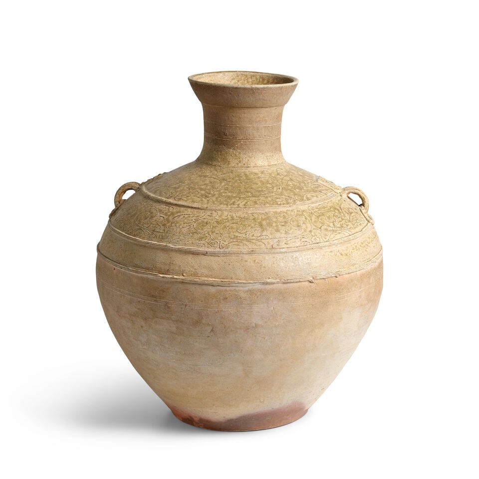 A LARGE ASH-GLAZED STONEWARE HU-FORM JAR WITH LOOP HANDLES Han Dynasty - 2