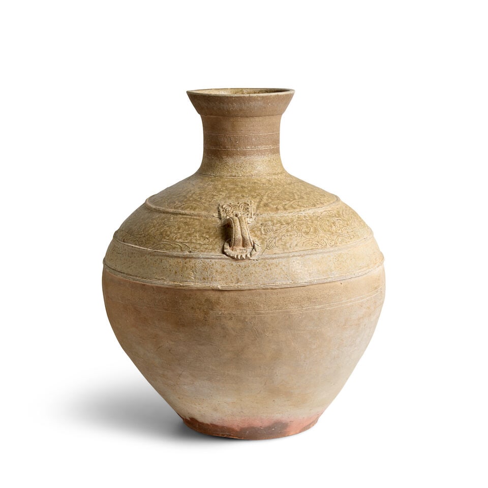 A LARGE ASH-GLAZED STONEWARE HU-FORM JAR WITH LOOP HANDLES Han Dynasty - 3