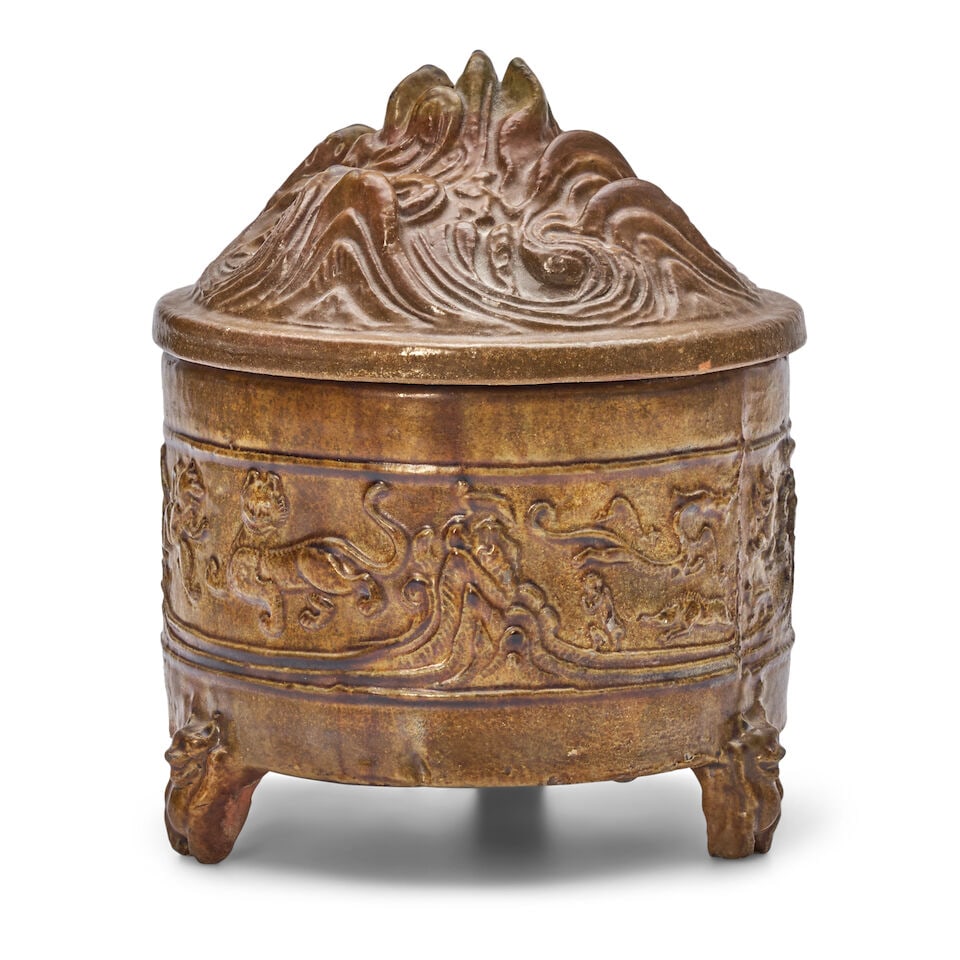 A GREEN-GLAZED 'MOUNTAIN' POTTERY CENSER AND COVER, BOSHANLU Han Dynasty (1 of 2)