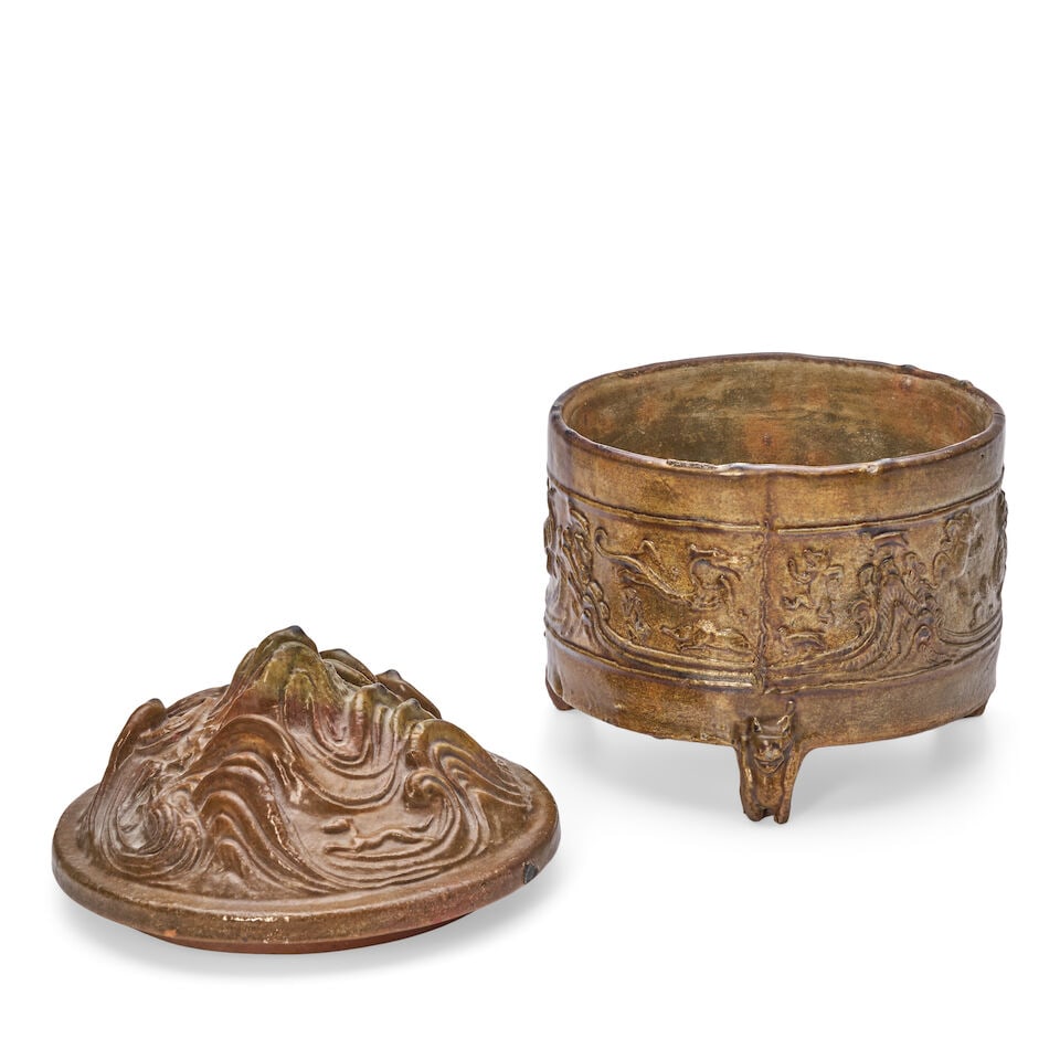 A GREEN-GLAZED 'MOUNTAIN' POTTERY CENSER AND COVER, BOSHANLU Han Dynasty - 2