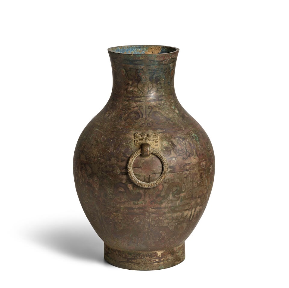 A COPPER-INLAID BRONZE WINE VESSEL WITH LOOSE TAOTIE RING HANDLES Warring States period - 2