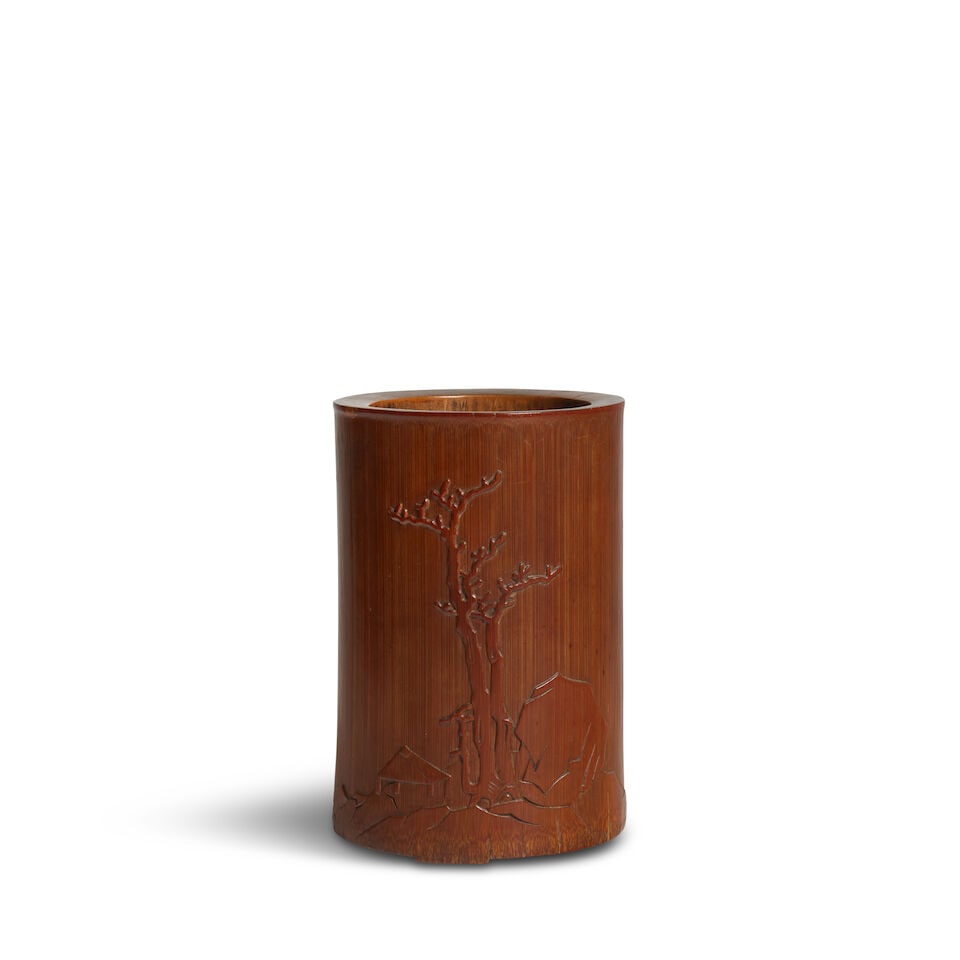 A CARVED AND INSCRIBED BAMBOO BRUSH POT Late Qing/Republic period (1 of 2)