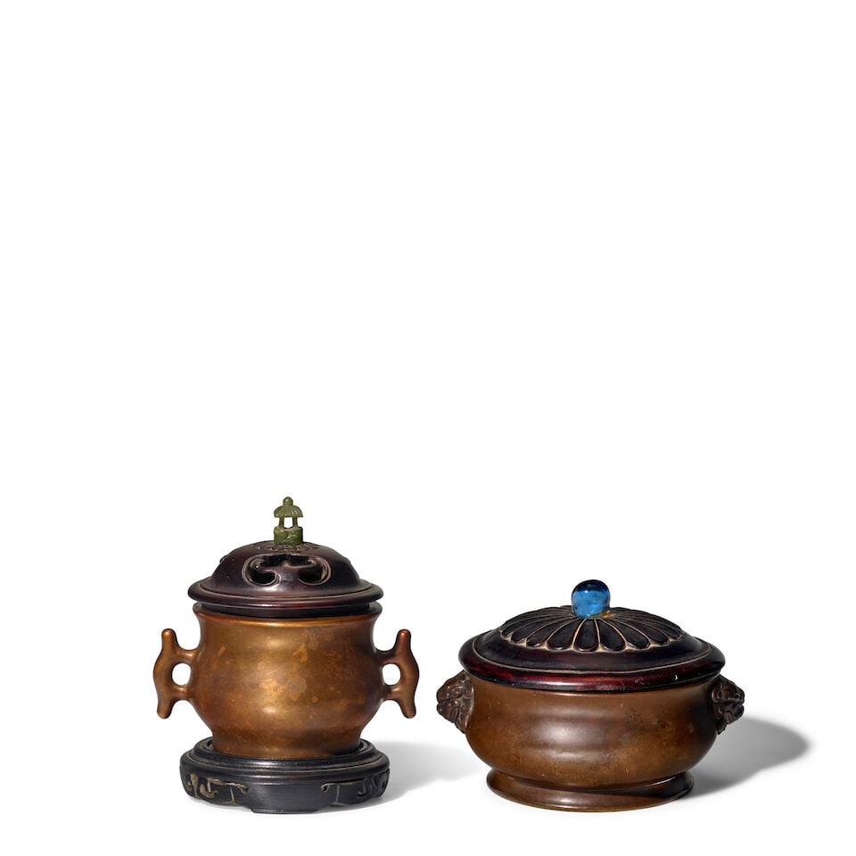 TWO SMALL BRONZE CENSERS：A BRONZE HALBERD-HANDLED CENSER, TOGETHER WITH A BRONZE LION-MAS... (1 of 9)