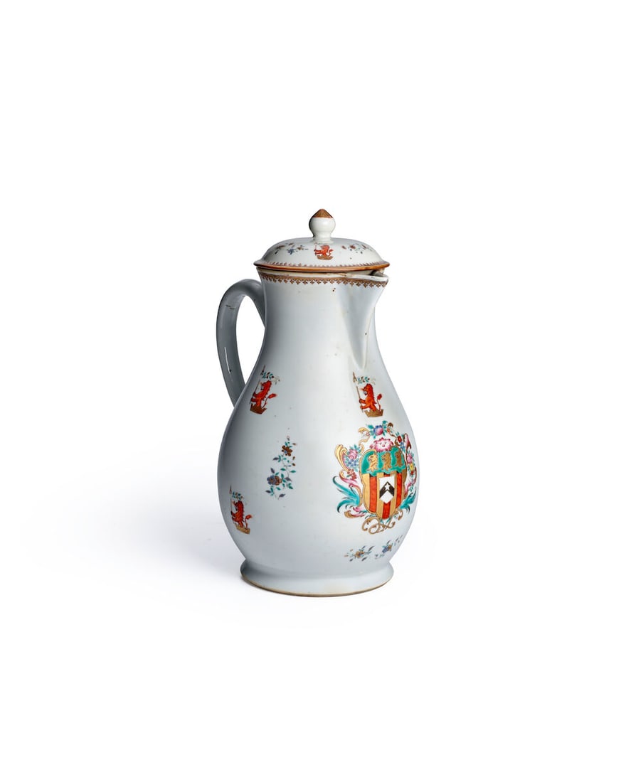 A RARE MASSIVE FAMILLE ROSE ENGLISH ARMORIAL EWER AND COVER Qianlong period, circa 1765 (1 of 3)