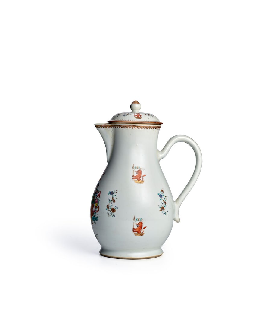 A RARE MASSIVE FAMILLE ROSE ENGLISH ARMORIAL EWER AND COVER Qianlong period, circa 1765 - 2