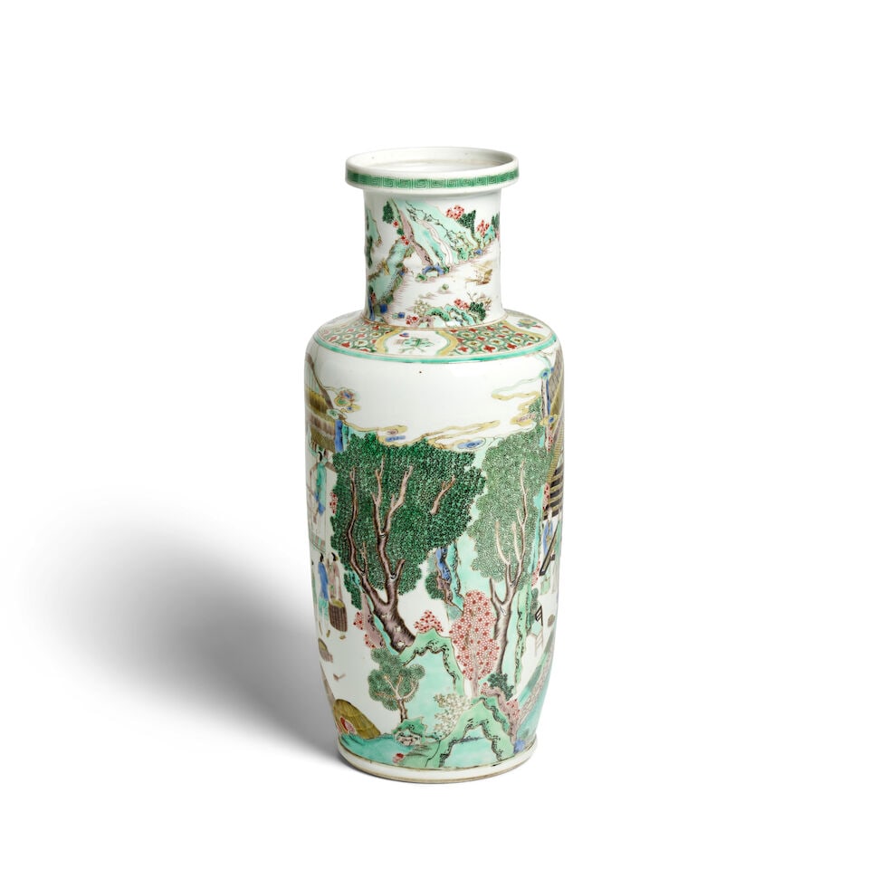 A FAMILLE VERTE 'SILK AND RICE CULTIVATION' ROULEAU VASE 19th century - 2