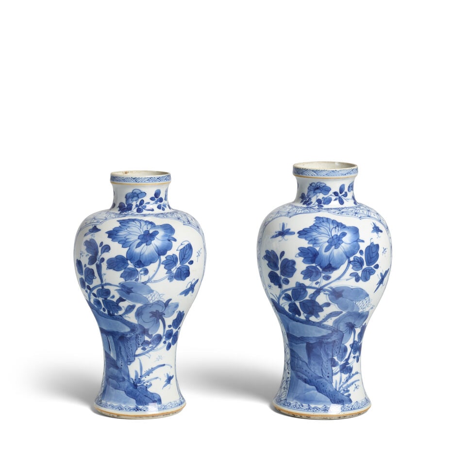 A PAIR OF BLUE AND WHITE VASES Kangxi (2): A PAIR OF BLUE AND WHITE VASES Kangxi 9in (22.8cm) and 9 3/8in (23.8cm) high (2). Footnotes: 清康熙