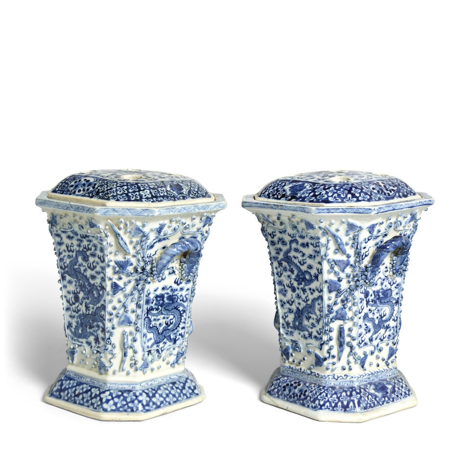 A PAIR OF BLUE AND WHITE 'DRAGONS ATTENDING TO THE FLAMING PEARL' CACHE-POTS AND COVERS Late Qi...: A PAIR OF BLUE AND WHITE 'DRAGONS ATTENDING TO THE FLAMING PEARL' CACHE-POTS AND COVERS Late Qing Dynasty 10in (25.4cm) high, overall, each (2). Footnotes: 清晚期